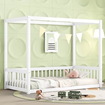Twin Size Pine Wood Canopy Frame Floor Bed with Fence and Guardrails for Bedroom