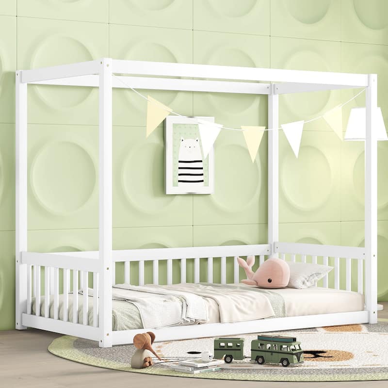 Wood Canopy Frame Floor Bed with Fence,Guardrails