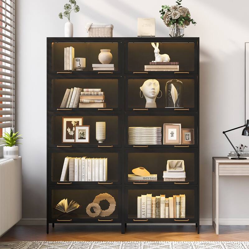 76.75"Iron Display Cabinet with Glass Doors,5-Tier Steel Barister Bookcase with LED Lights,Modern Curio Cabinet for Living Room