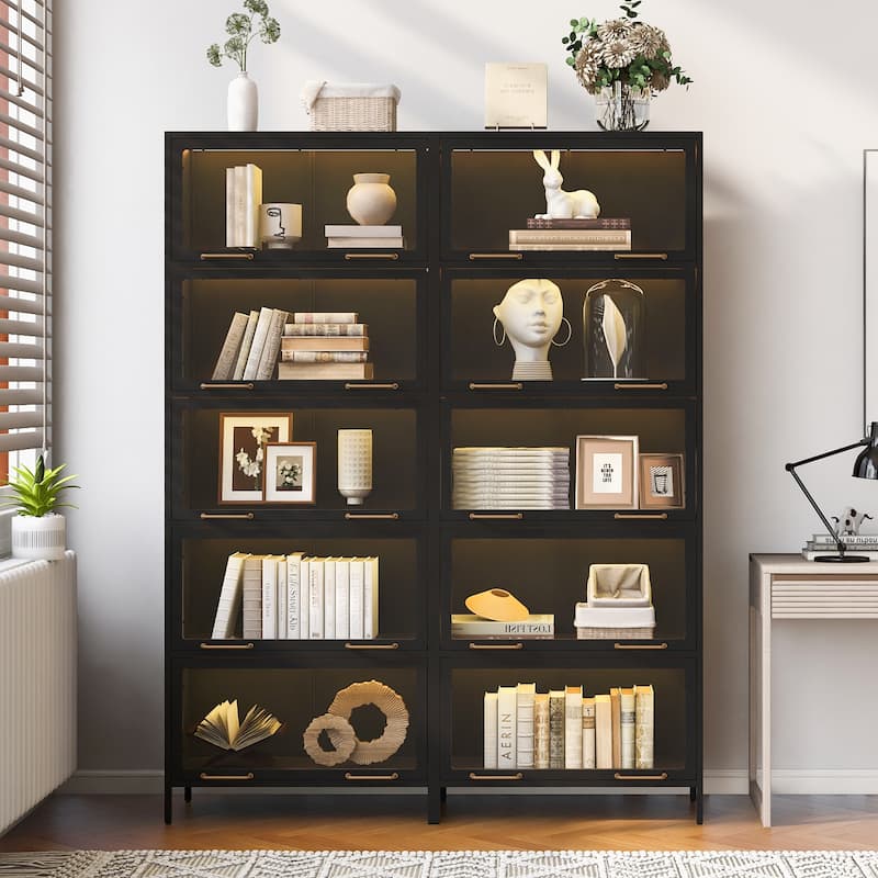 78.75'' Tall Iron Display Cabinet with Glass Doors, 5-Tier Steel Barister Bookcase with LED Lights, Modern Style Curio Cabinet