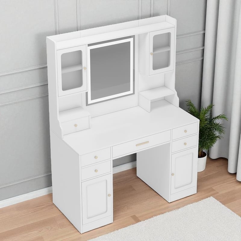 Large Vanity Table Set with Mirror, 6 Drawers, Shelves & Storage, Modern Makeup Dressing Desk with Golden Handles