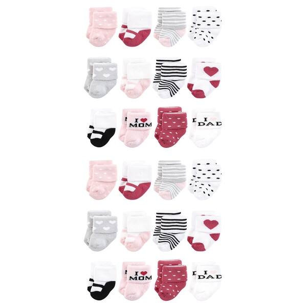 slide 1 of 1, Hudson Baby Cotton Rich Baby Terry Socks 24-Pack, Mom and Dad Girl Pink Black Mom and Dad Girl Pink Black - 0-6 Months