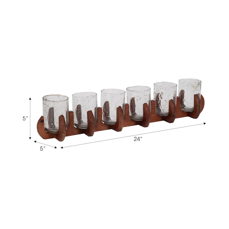 Sagebrook Home Neutral 24-Inch Brown/Clear Glass Votive Candle Holders With Mango Wood Base, Tealight Holder Set - 24" x 5" x 5"