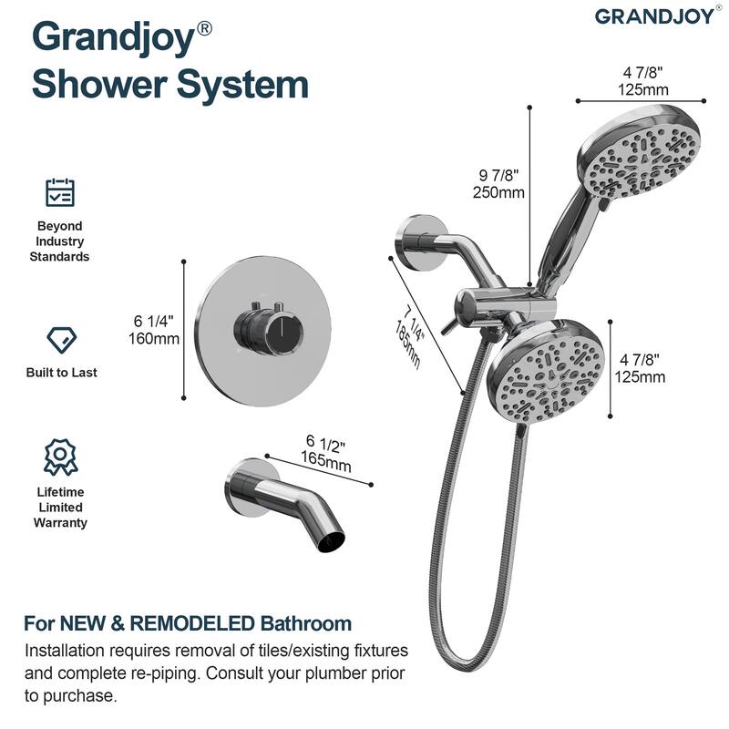 GRANDJOY 5-Spray Wall Mounted Shower Faucet System with Valve