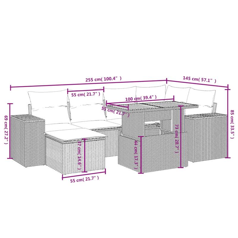 vidaXL Garden Sofa Set Grey PE rattan 7 Piece Set Adjustable Armrests - 21.7 x 39.4 x 28.7