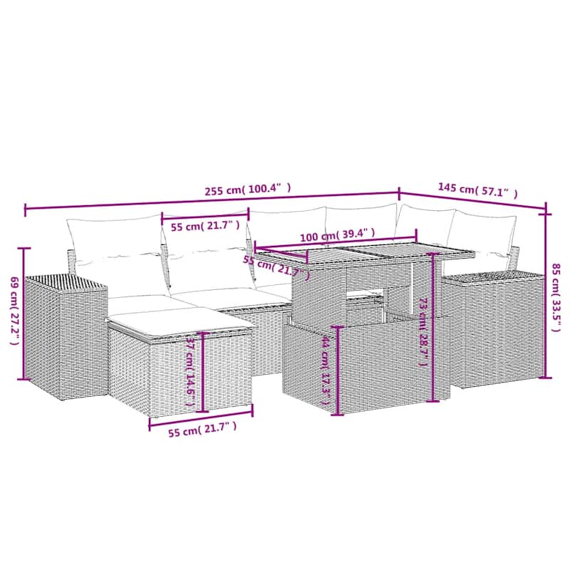 vidaXL Patio Sofa Set with Cushions Outdoor Furniture 7 Piece Poly Rattan - 24.4 x 24.4 x 27.2