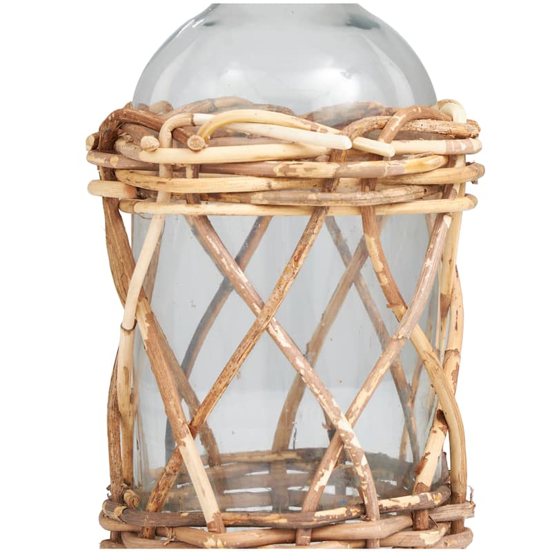 Clear Glass Handmade Tall Vase with Brown Rattan Woven Lower Body