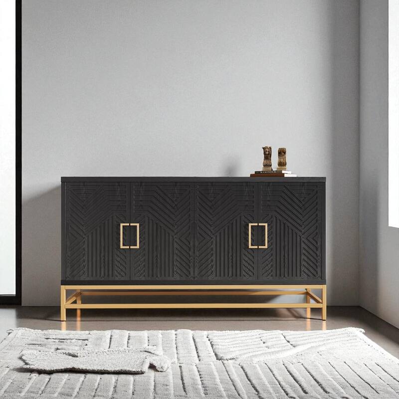 Retro Sideboard Buffet Cabinet with Storage, Adjustable Shelves and Metal Handles for Kitchen and Dining Room - Black
