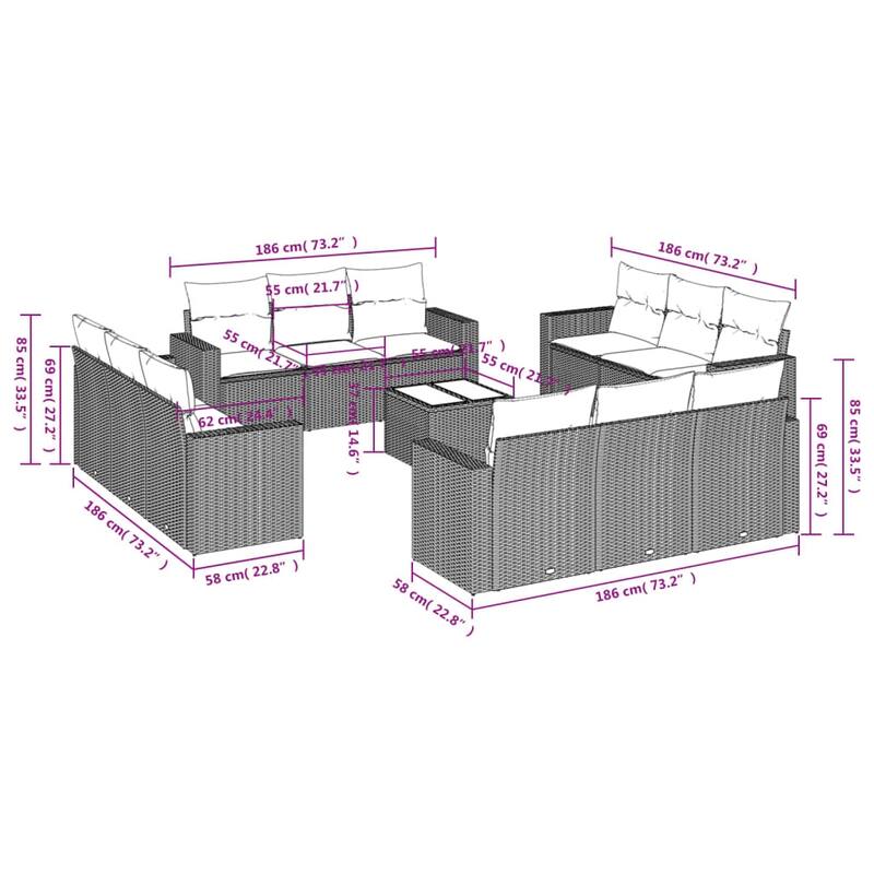 vidaXL Patio Sofa Set with Cushions Outdoor Conversation Furniture Poly Rattan - 25.8" x 24.4" x 27.2"