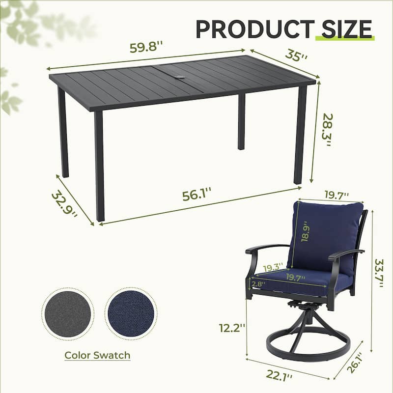 IvyGlow 7-Piece Black Metal Patio Dining Set with Rectangular Table, 6 Swivel Dining Chairs and Gray Cushions