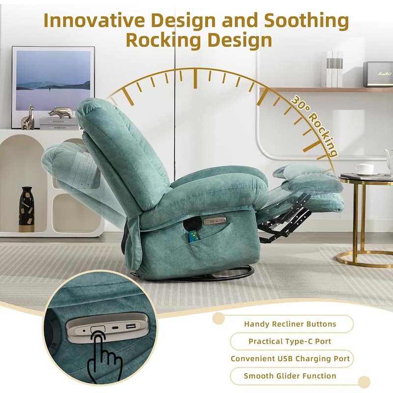Shell Shape Power Recliner Chair, Chenille Fabric Swivel Rocker Recliner with Bluetooth Speaker