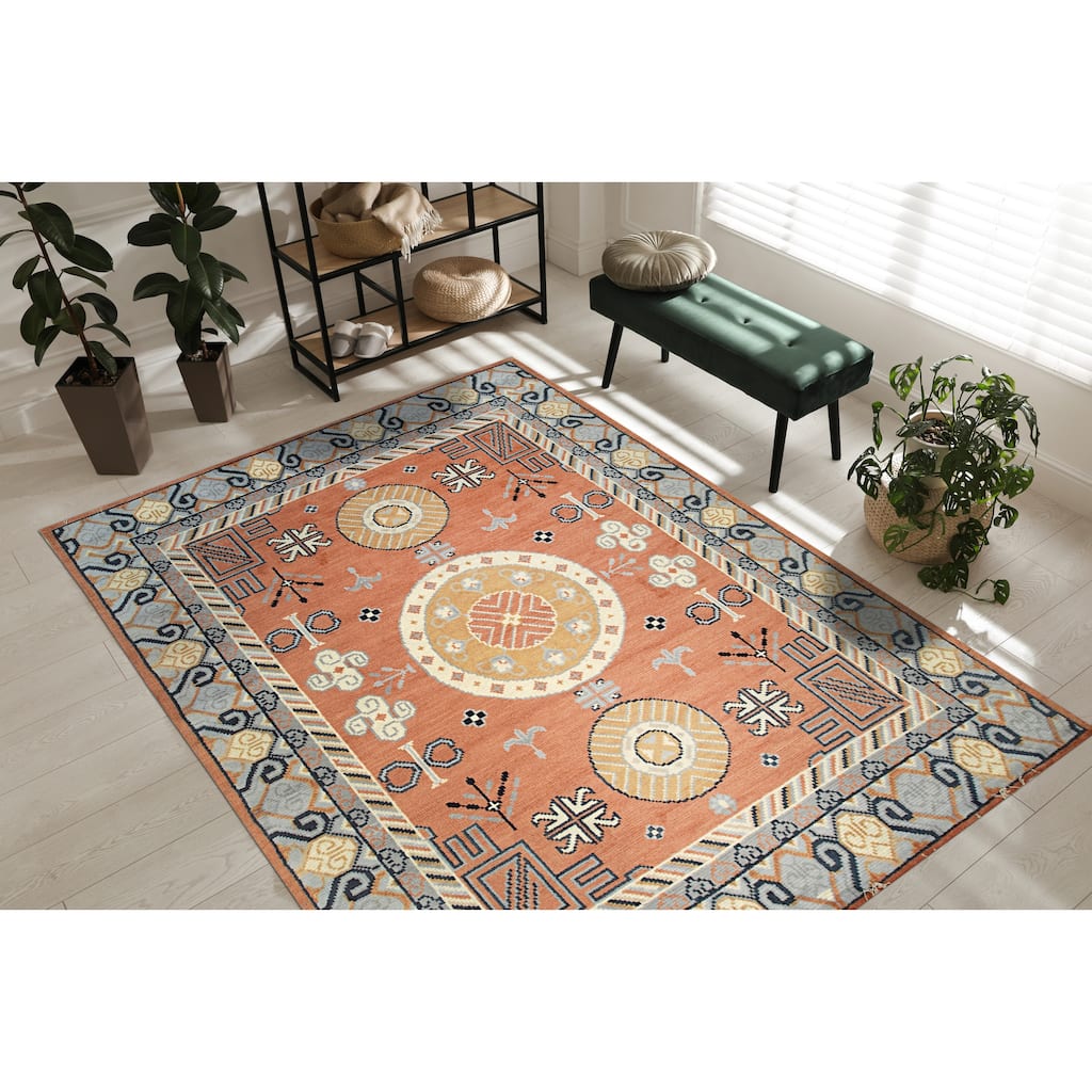 Handknotted Wool Rust Traditional Floral Khotan Weave Rug - 6' x 9'