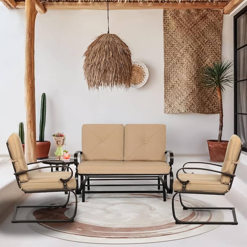4-Piece Outdoor Patio Conversation Set, Glider Bench and Rocker Chairs with Bistro Table and Cushions