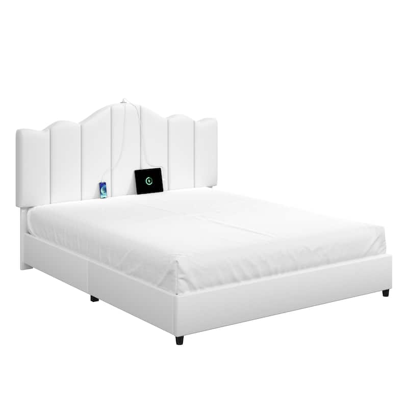 VECELO Platform Bed Frame with Type-C & USB Charging Stations Upholstered Adjustable Headboard Strong Wooden Slats Support