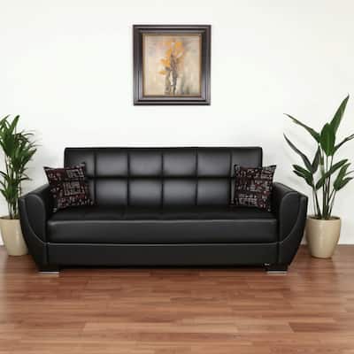 HomeRoots 93" Black Faux Leather Convertible Futon Sleeper Sofa And Toss Pillows With Storage
