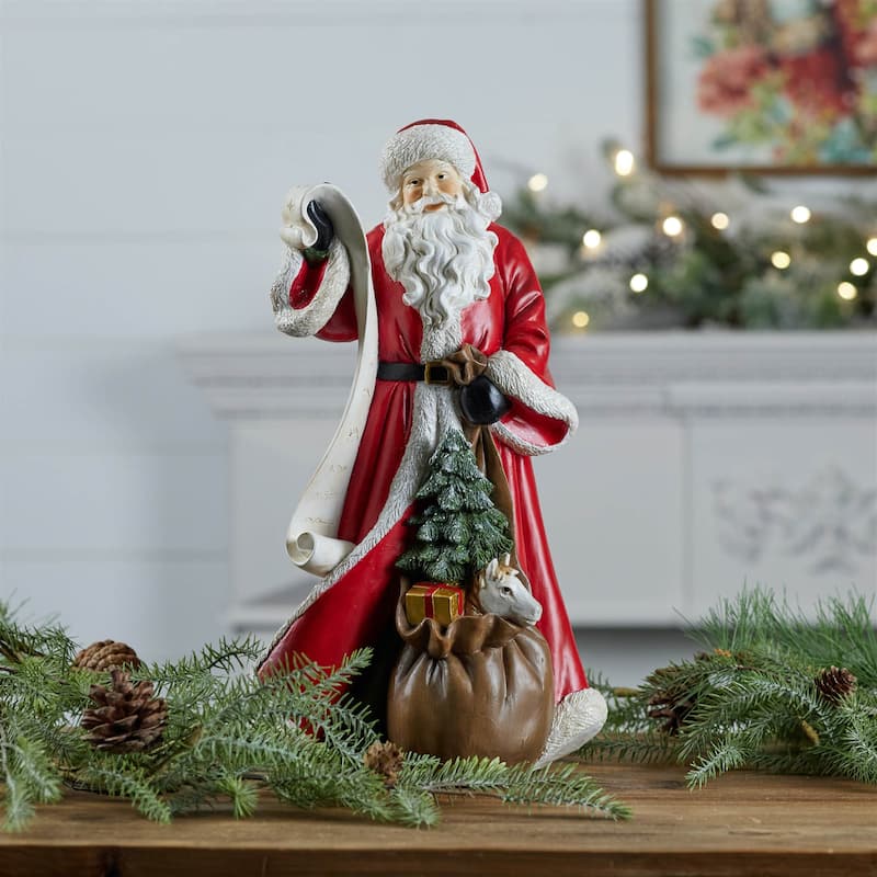 Polyresin Santa Statue with List and Toy Sack Accent - 8.5” x 7” x 16” (L x W x H)
