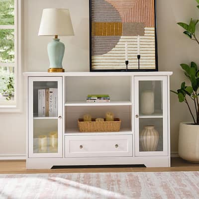 Modern White Storage Cabinet with Glass Doors Shelves Drawer