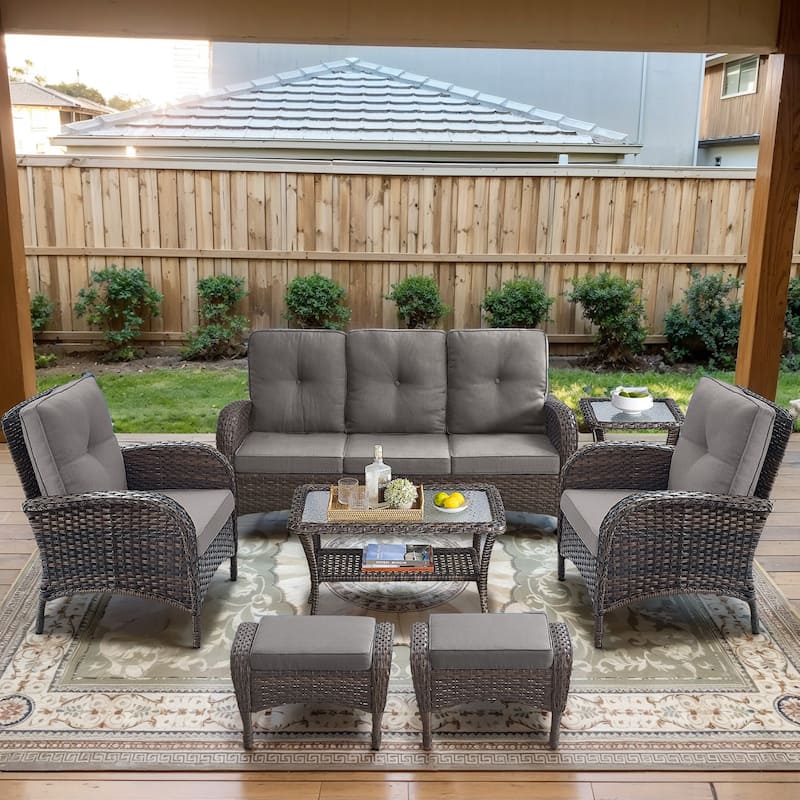 Gymojoy Outdoor Wicker Patio Furniture Sofa & Chair Set - Luxurious Comfort, Weather-Resistant - Sofa Set - included Club Chairs - Brown Wicker / Grey Cusion
