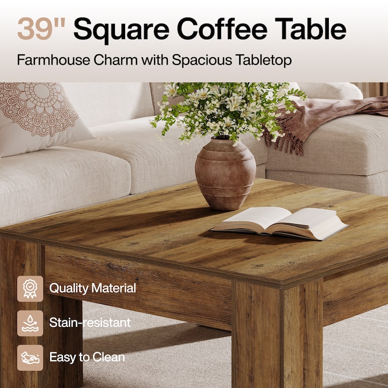 39-Inch Wood Farmhouse Square Coffee Table with Sturdy Legs