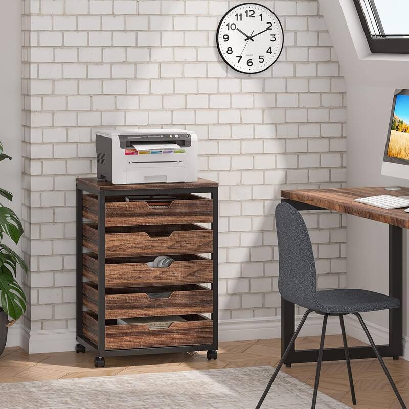 5 Drawer Chest, Wood Storage Dresser Cabinet with Wheels, Industrial Storage Drawer Organizer Cart for Office (1 PC) - Brown+Black