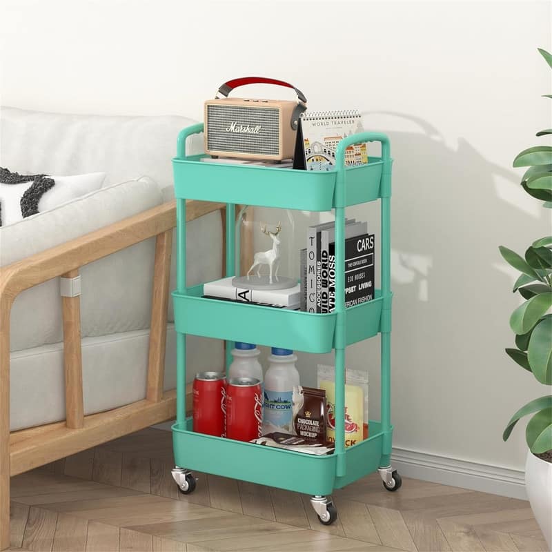 3-Tier Plastic Rolling Utility Cart - 11.42"D x 15.35"W x 29.92"H