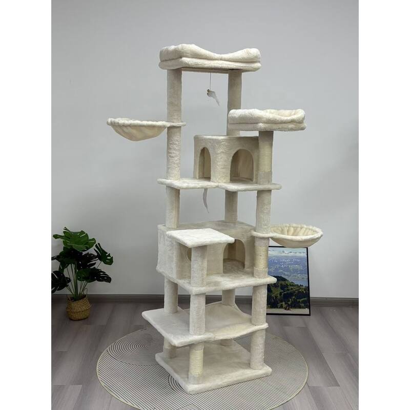 68in Tall Multi-Level Green Cat Tree with Hammocks, Hanging Basket, Cat Cave