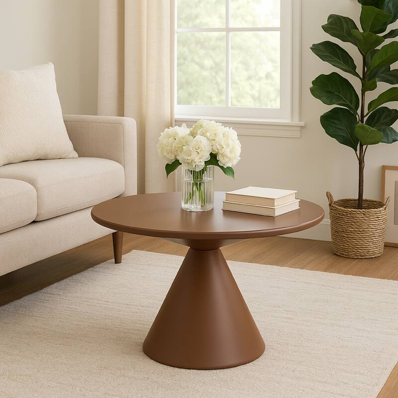 Jammy Plant Stand Table, Round 24 Inch Top, Brown Metal Cone Base