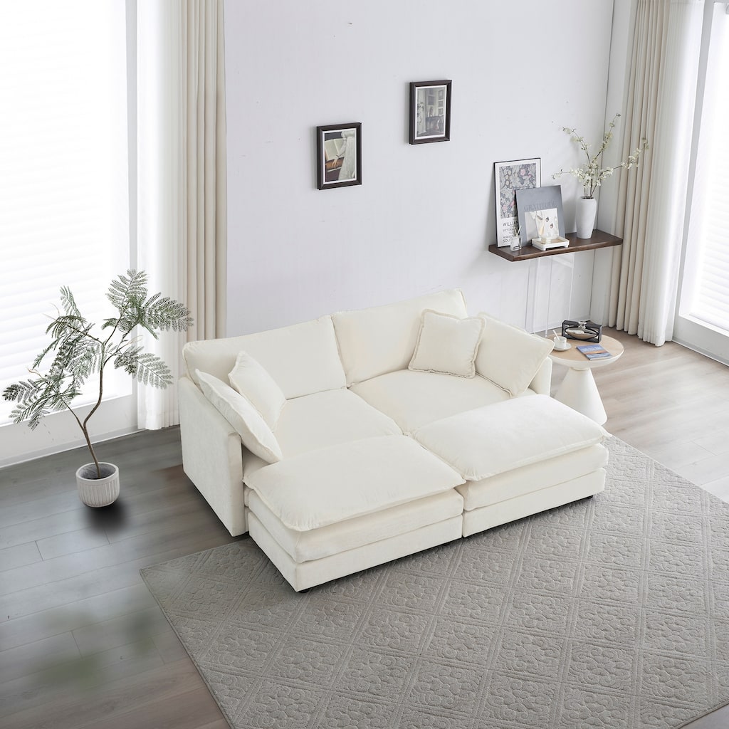 Anmytek Modular 4 Piece Sectional Sofa Set with 2 Ottomans White Chenille Loveseat Lounge