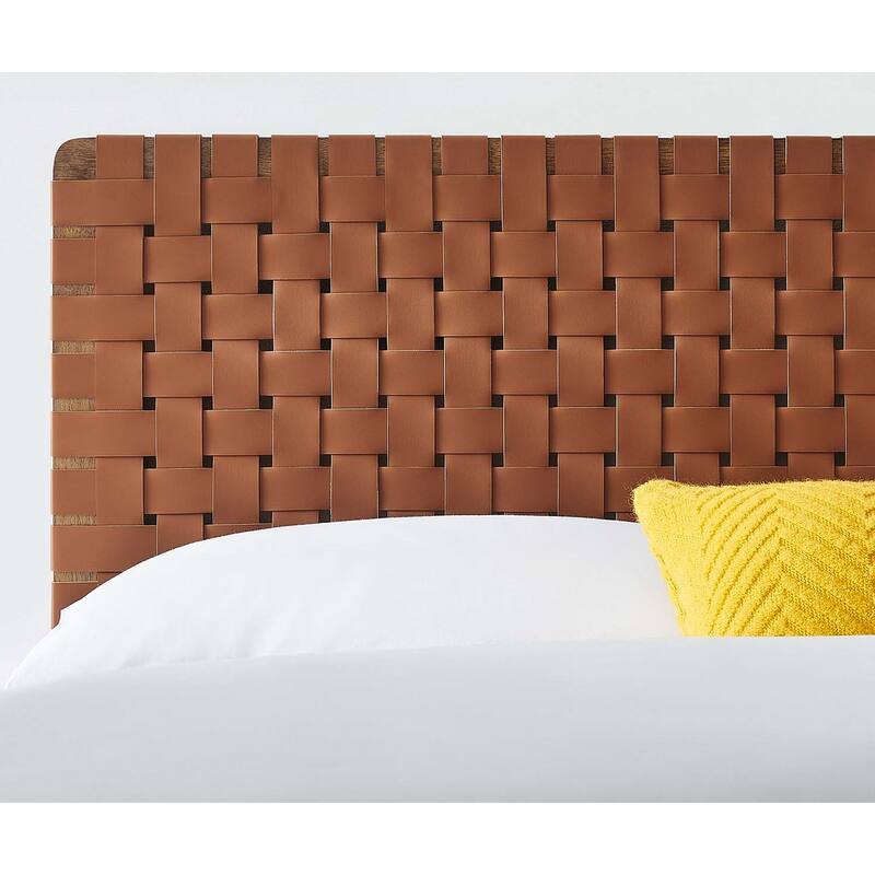 Ditmas Solid Wooden Brown Leather Basket Weaved Full Size Headboard