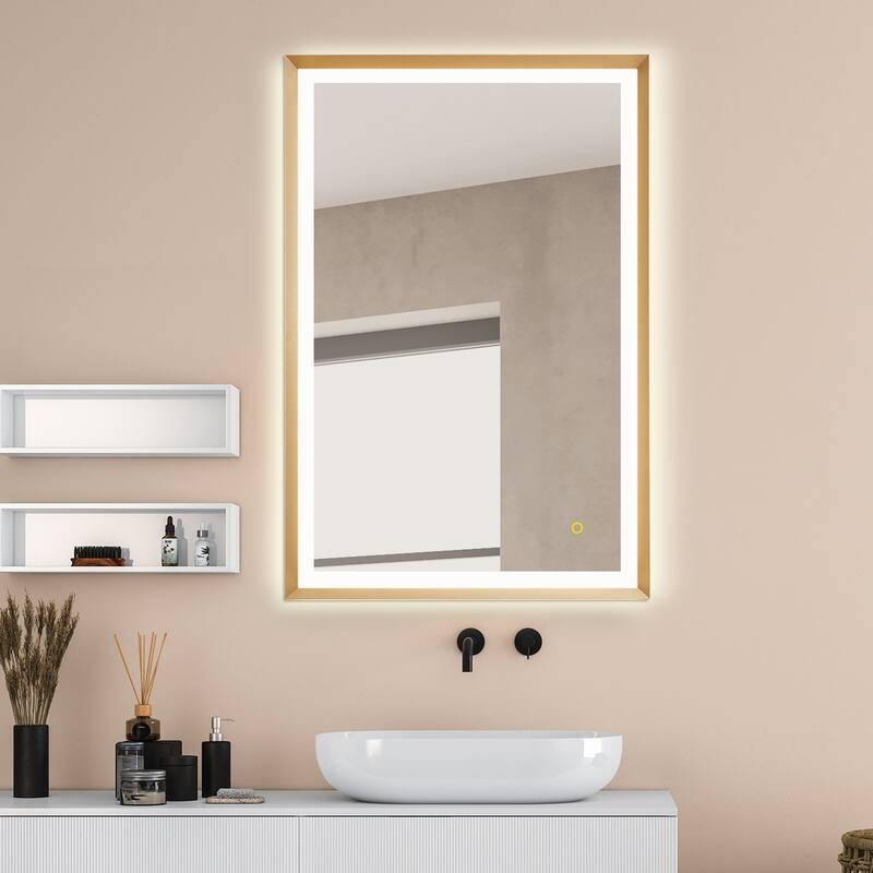 Apollo Rectangular Anti-Fog Dimmable Modern Bathroom/Vanity LED Lighted Wall Mirror in Brushed Gold Aluminum Framed