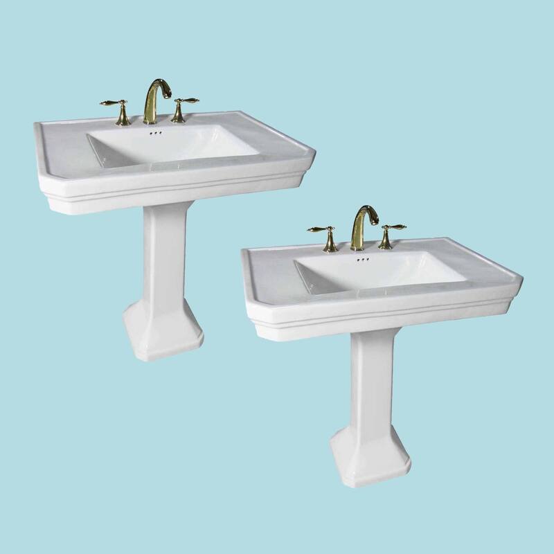 White Porcelain Large Pedestal Bathroom Sink Wall Mounted Sink with Faucet Hole and Overflow (Set of 2) Renovators Supply