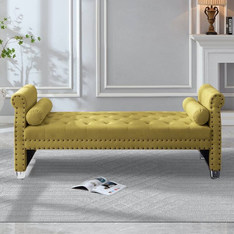 Tiffiany Luxury Tufted Velvet Upholstered Extra Long Bed Bench - Mustard Yellow