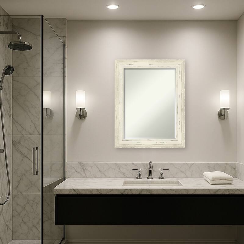 Beveled Wood Bathroom Wall Mirror - Alexandria White Wash Frame