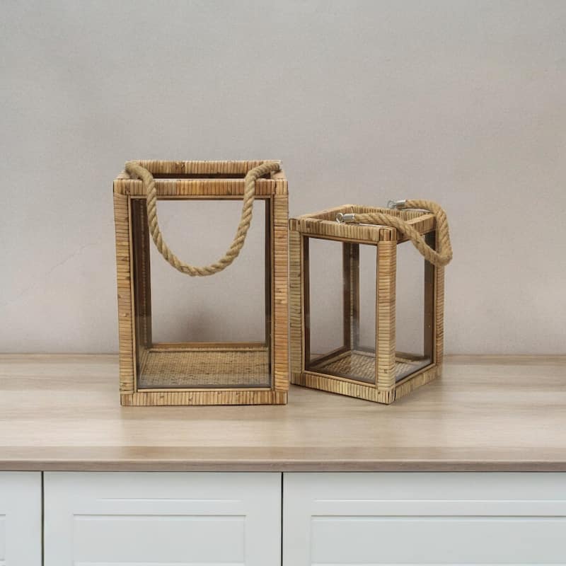 Roussilon Set of 2 Rattan Wrapped Wood Lanterns - Brown