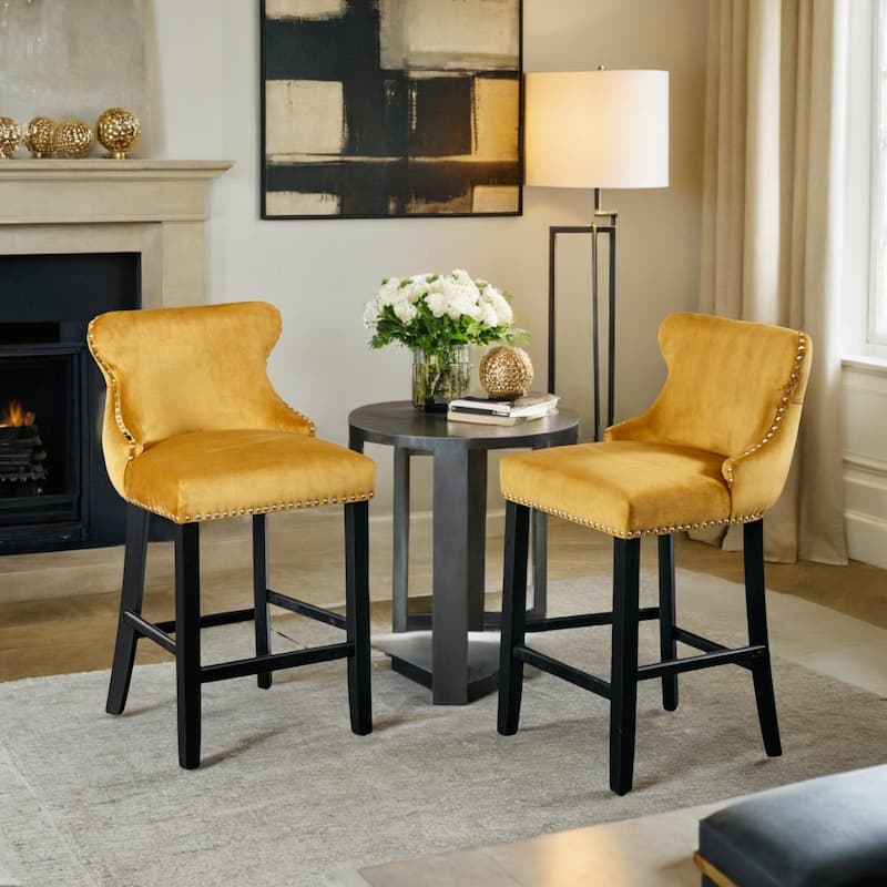Contemporary Velvet Upholstered Wing-Back Barstools with Button Tufted Decoration and Wooden Legs, Set of 4