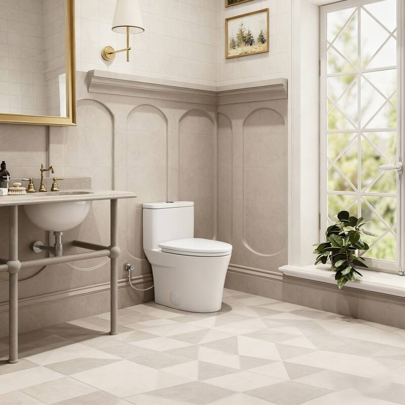 HOROW One Piece Dual Flush Elongated Toilet in White Skirted Design 12 Inch Rough In with Seat Included - N/A