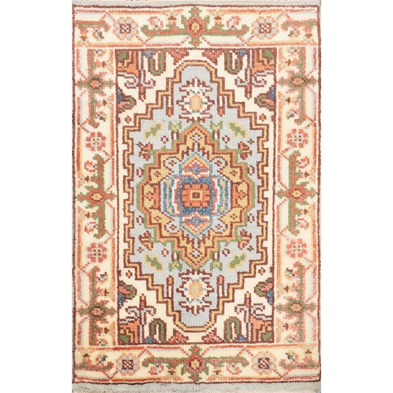 Hand Knotted Oriental 100% Wool Carpet Traditional Medallion Navy Blue & Blues Heriz (serapi) Area Rug - 3' 0'' X 2' 0''