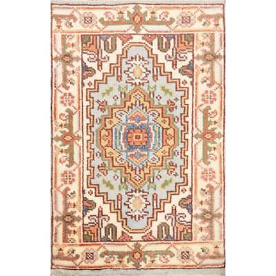 Hand Knotted Oriental 100% Wool Carpet Traditional Medallion Navy Blue & Blues Heriz (serapi) Area Rug - 3' 0'' X 2' 0''