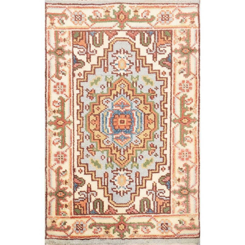 Hand Knotted Oriental 100% Wool Carpet Traditional Medallion Navy Blue & Blues Heriz (serapi) Area Rug - 3' 0'' X 2' 0''