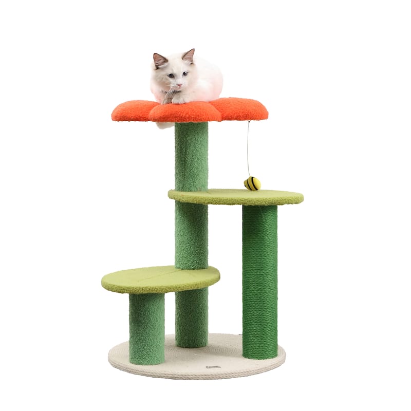 Poppy 29" 3-Tier Modern Jute Flower Cat Tree with Dangling Toy, Orange/Green