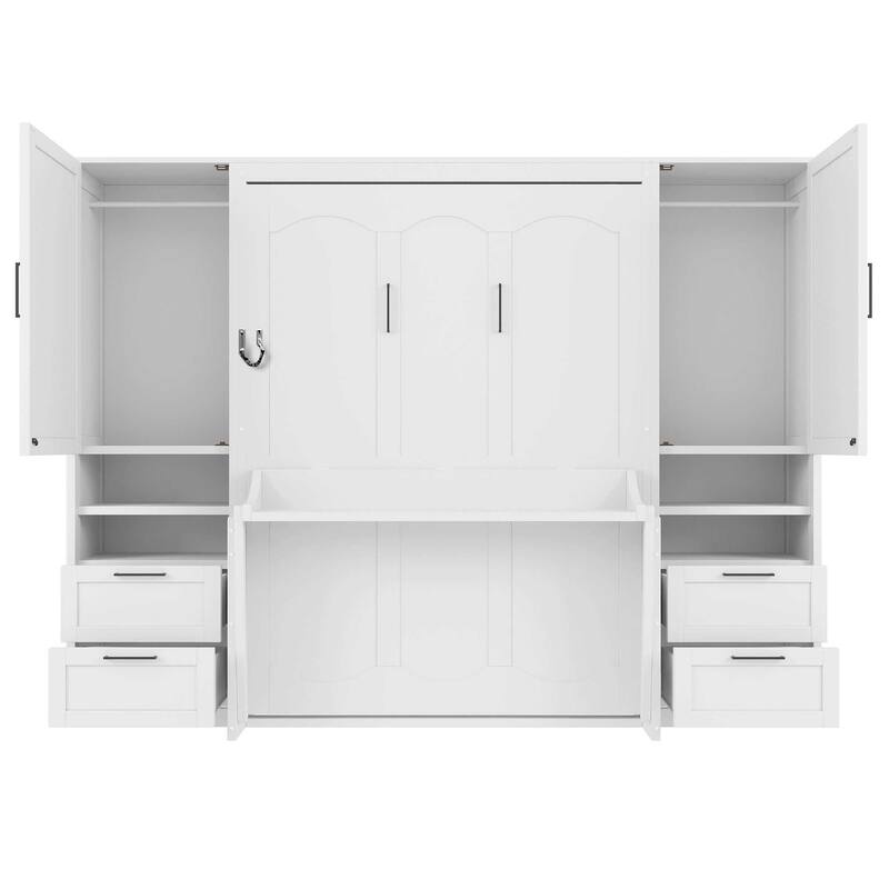 Full Size Murphy Bed Wall Bed With Closet,Drawers And Shelves,White
