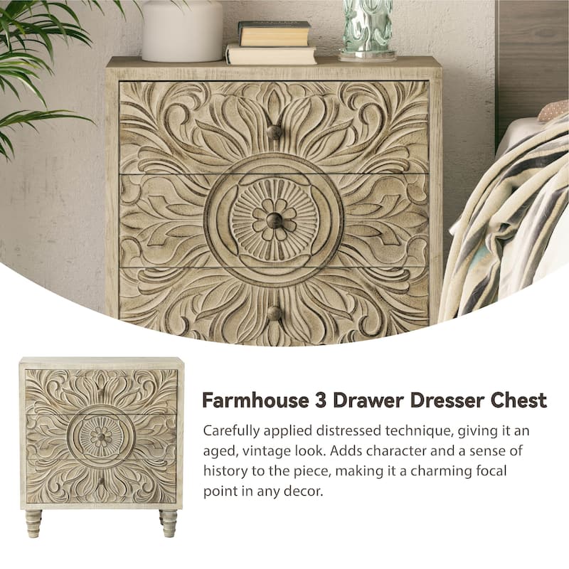 COZAYH Farmhouse 3 Drawer Nightstand with Craft Flower Motif Front, Distressed Boho Chest, French Country, Weathered White