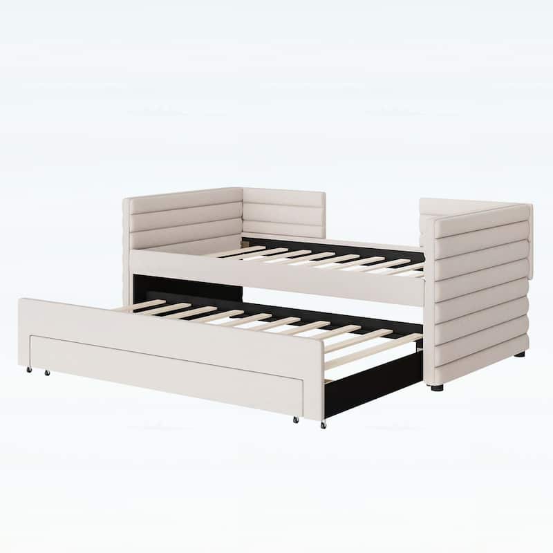 Upholstered Daybed with Trundle and 3 Storage Drawers,for Guest Room,Living Room