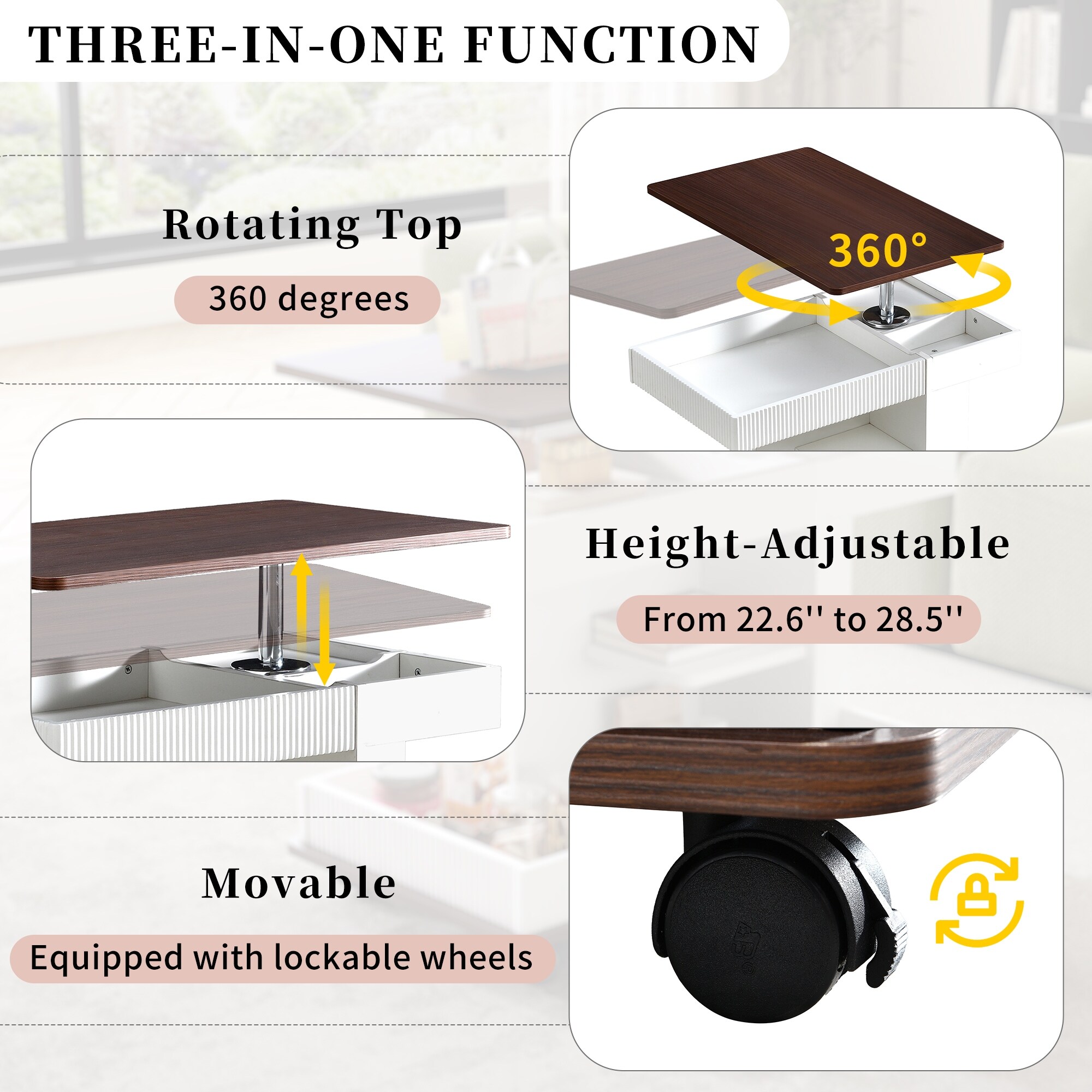 Lift Top End Table with Wheels and Storage for Small Spaces - 22.6