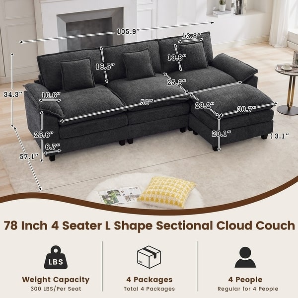 dimension image slide 16 of 17, Modular Cloud Chenille Sectional Sofa with Ottomans, Deep Seat Convertible L-Shaped or U-Shaped Couch
