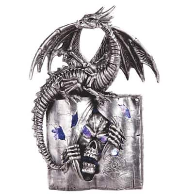 Q-Max 8"H LED Silver Dragon on Skull Book of The Dead Statue Fantasy Decoration Figurine