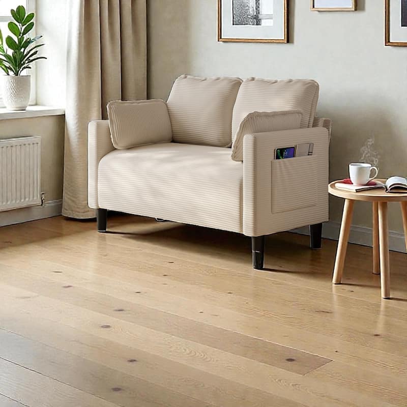 48" Corduroy Loveseat Sofa with Side Storage Pocket, 2-Seater Couch, Solid Wood Frame for Apartment - Beige