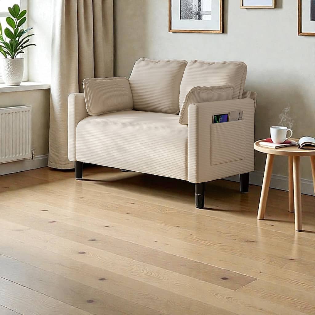 48" Corduroy Loveseat Sofa with Side Storage Pocket, 2-Seater Couch, Solid Wood Frame for Apartment