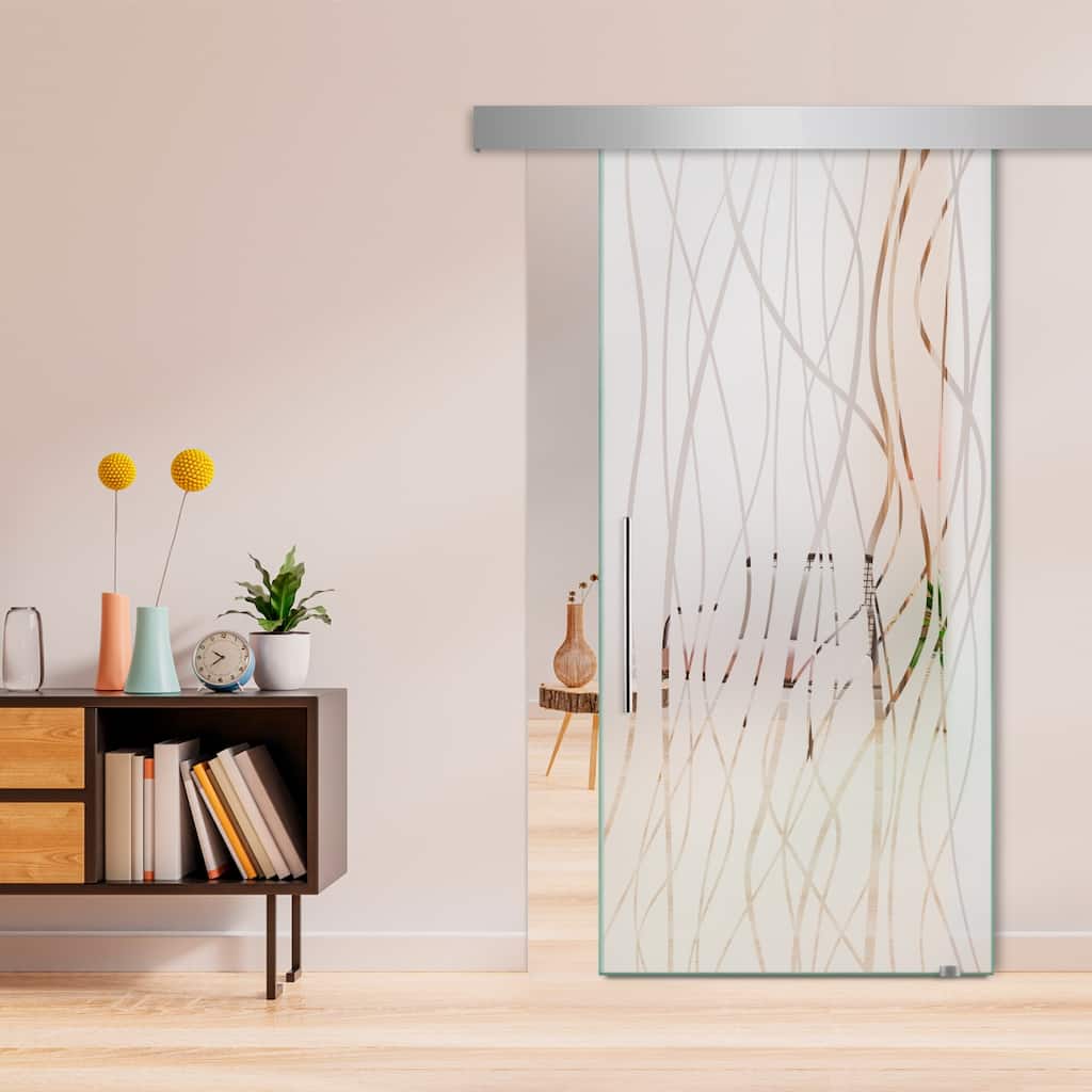 Glass Sliding Barn Door with Modern Frosted Lines Design