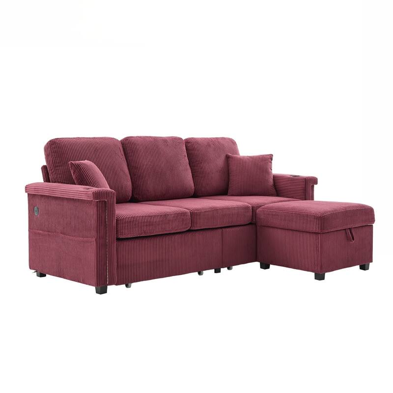 L-Shaped Sectional Sofa with Pull-Out Storage,Ottoman & Pillows 3-Seat with USB Charging,Cup Holder, Convertible Design